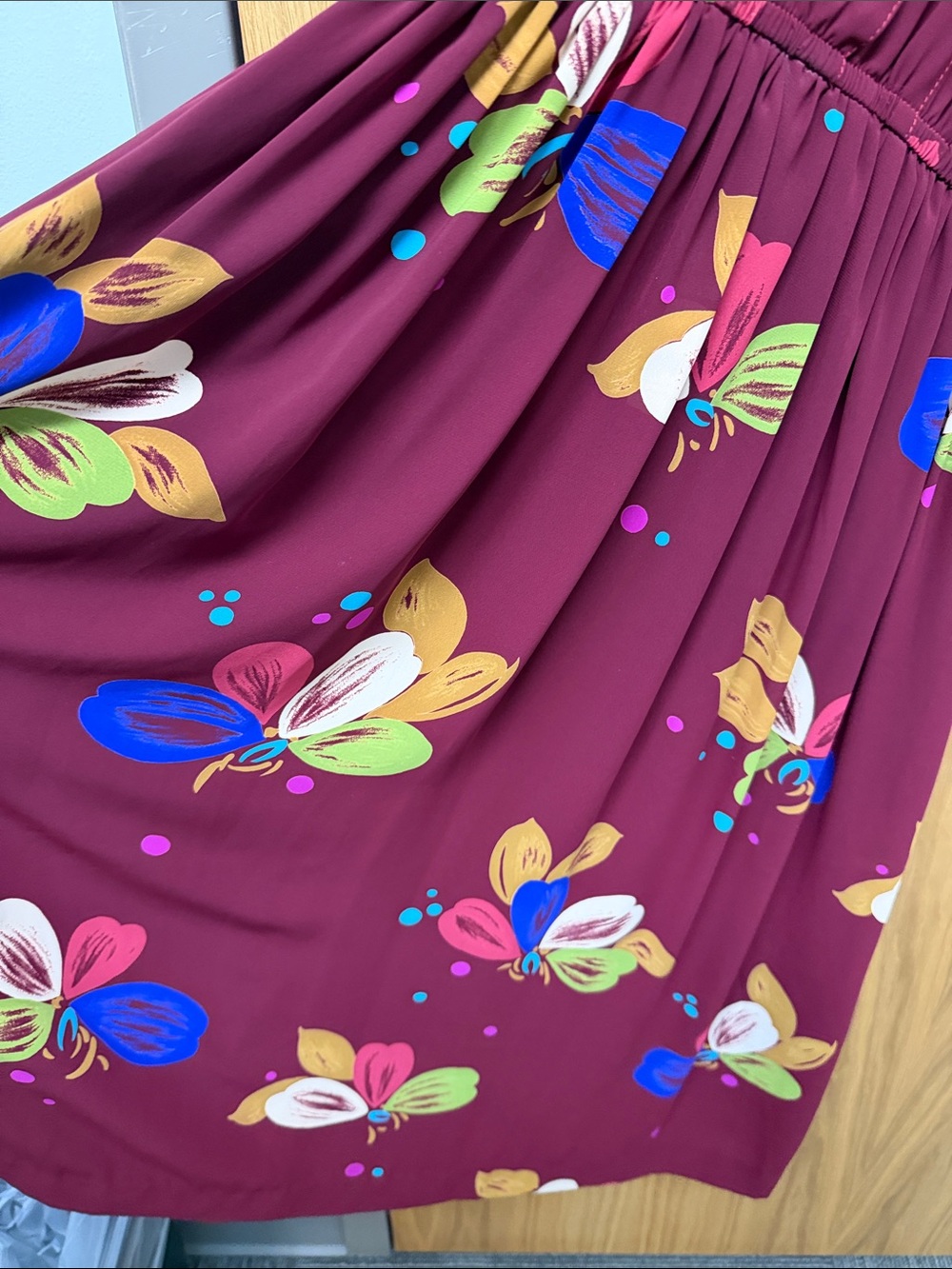 Vintage Women's Burgundy Floral Button-Front Long Sleeve Midi Dress Semi Sheer - Picture 7 of 7